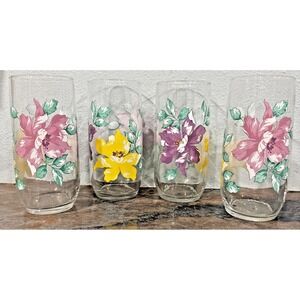 Rare VTG Libbey Floral Cooler Glass 16oz Pink Purple Yellow Floral 1970s/80s